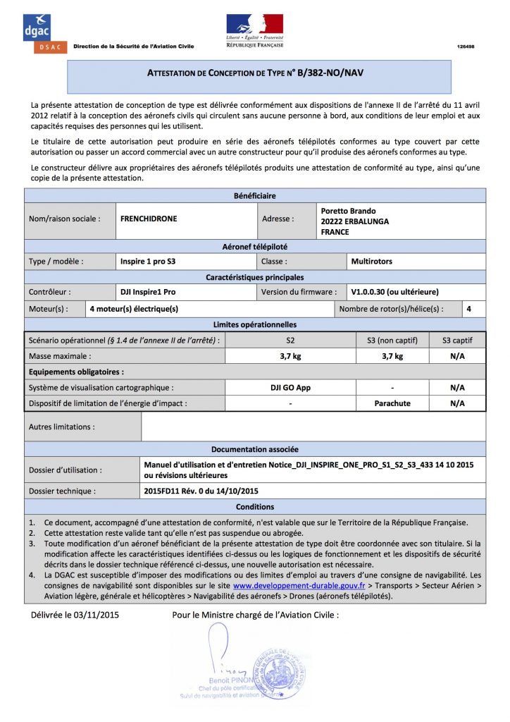 Attestation de conception de type DJI Inspire 1 PRO X5 S1 S2 S3